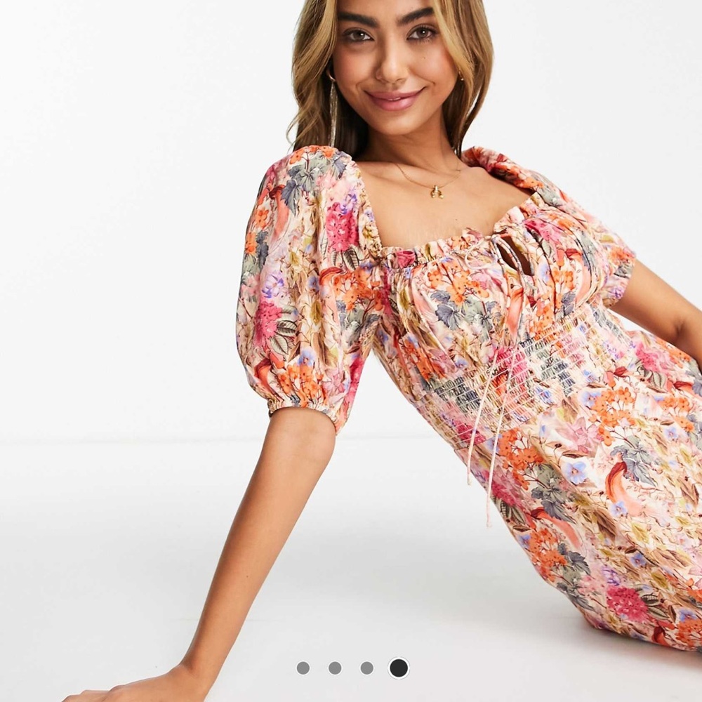 & Other Stories Pink and Orange Ruched Puff Sleeve Midi Dress